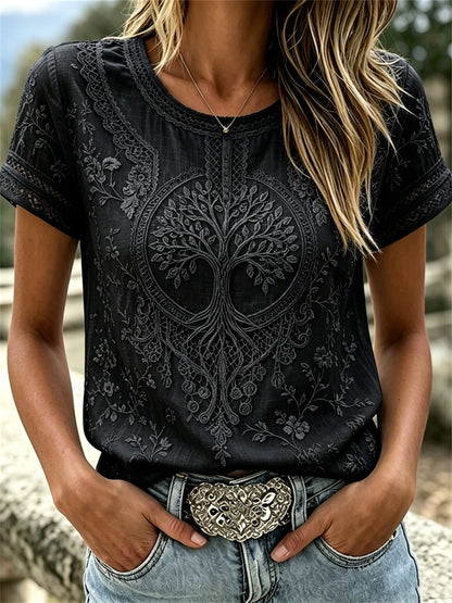 Women's manor blouse with Viking traditional tree of life and floral lace pattern, linen with short sleeves