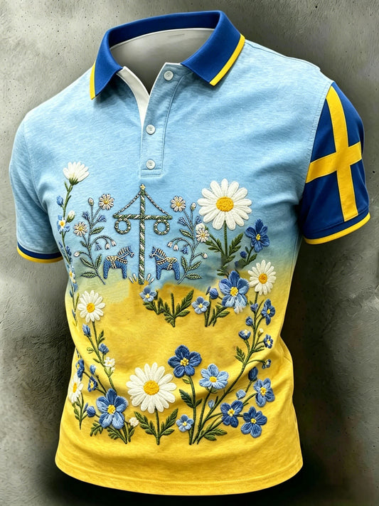 Retro svensk midtsommer herre T-skjorte med blomstermønster og korte ermer