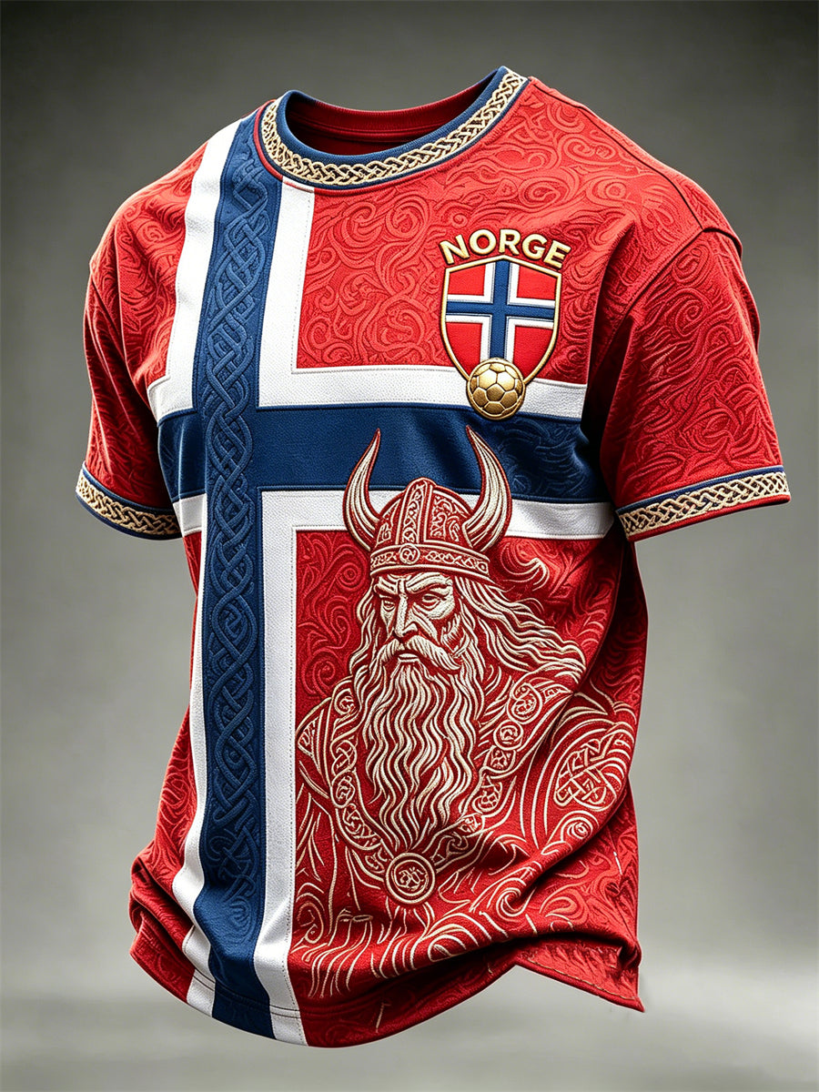 Herre-Norge fotball Vikingkriger keltisk knute flagg fargeblokktrykk t-skjorte med kortermer