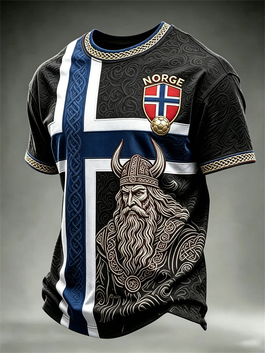 Herre-Norge fotball Vikingkriger keltisk knute flagg fargeblokktrykk t-skjorte med kortermer