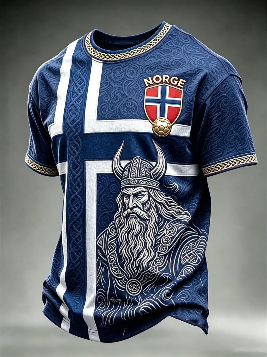 Herre-Norge fotball Vikingkriger keltisk knute flagg fargeblokktrykk t-skjorte med kortermer
