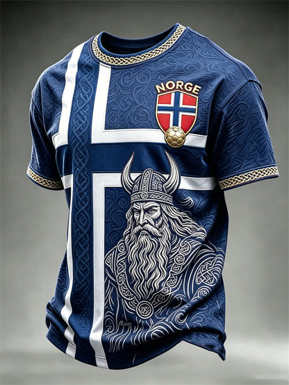 Herre-Norge fotball Vikingkriger keltisk knute flagg fargeblokktrykk t-skjorte med kortermer