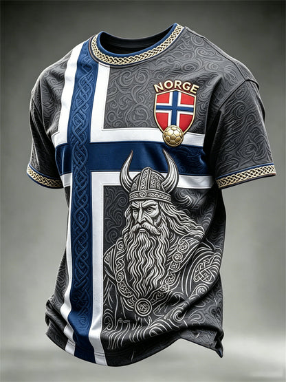 Herre-Norge fotball Vikingkriger keltisk knute flagg fargeblokktrykk t-skjorte med kortermer