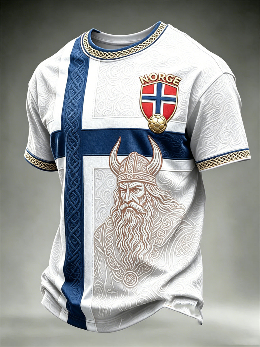 Herre-Norge fotball Vikingkriger keltisk knute flagg fargeblokktrykk t-skjorte med kortermer
