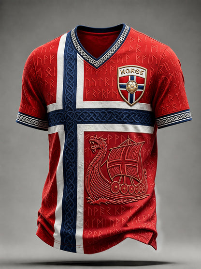 Menns norsk fotball viking-inspirert keltisk print t-skjorte med V-utringning