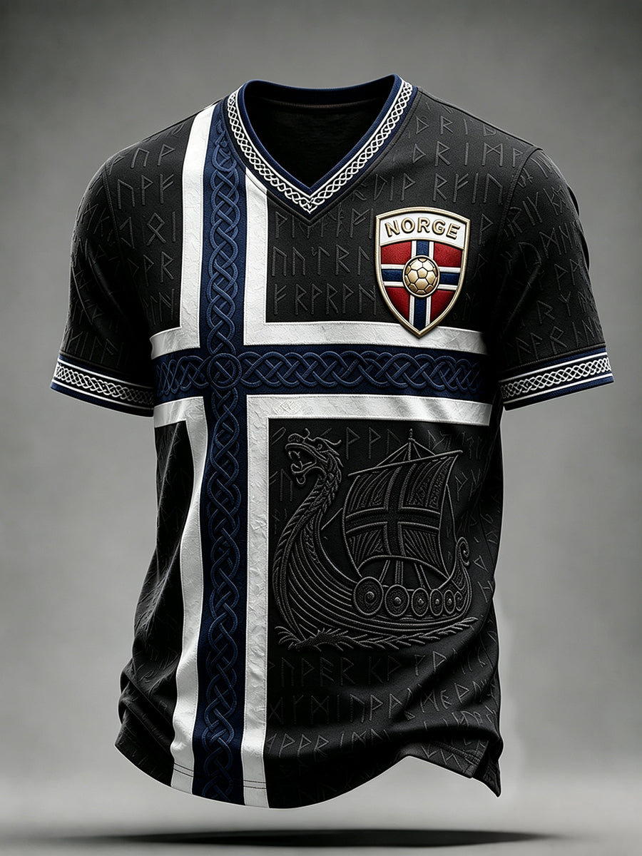 Menns norsk fotball viking-inspirert keltisk print t-skjorte med V-utringning