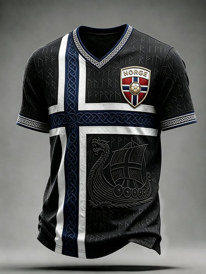Menns norsk fotball viking-inspirert keltisk print t-skjorte med V-utringning