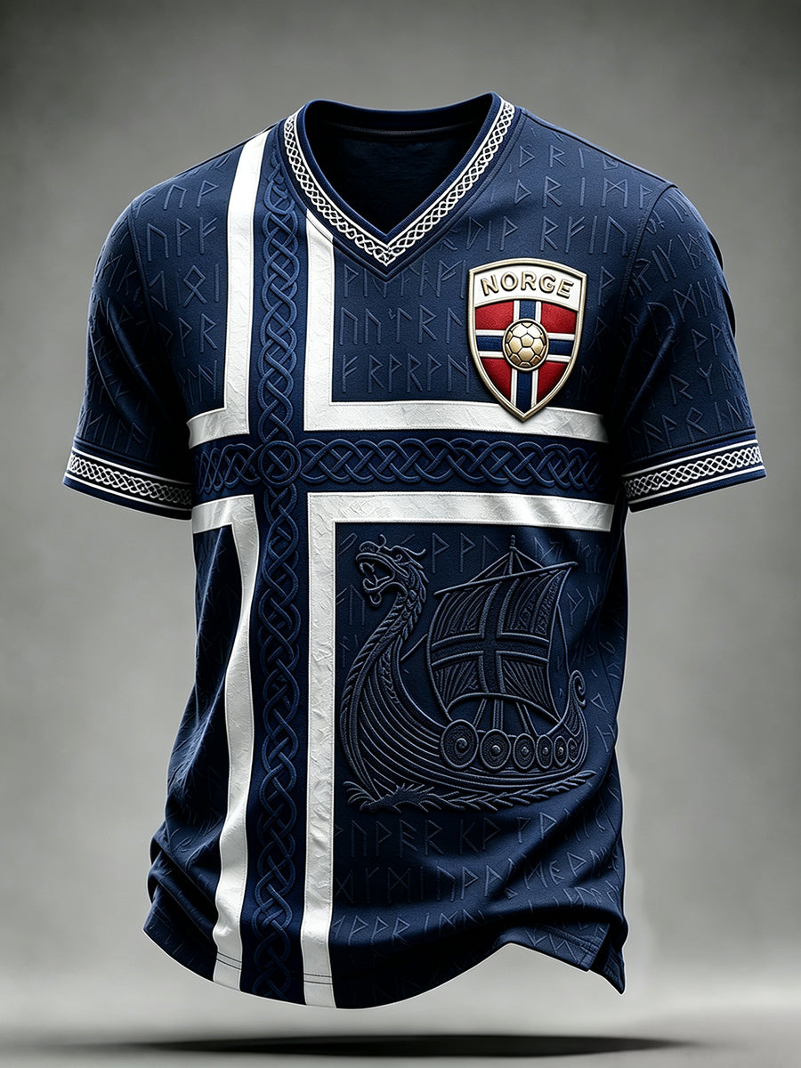 Menns norsk fotball viking-inspirert keltisk print t-skjorte med V-utringning