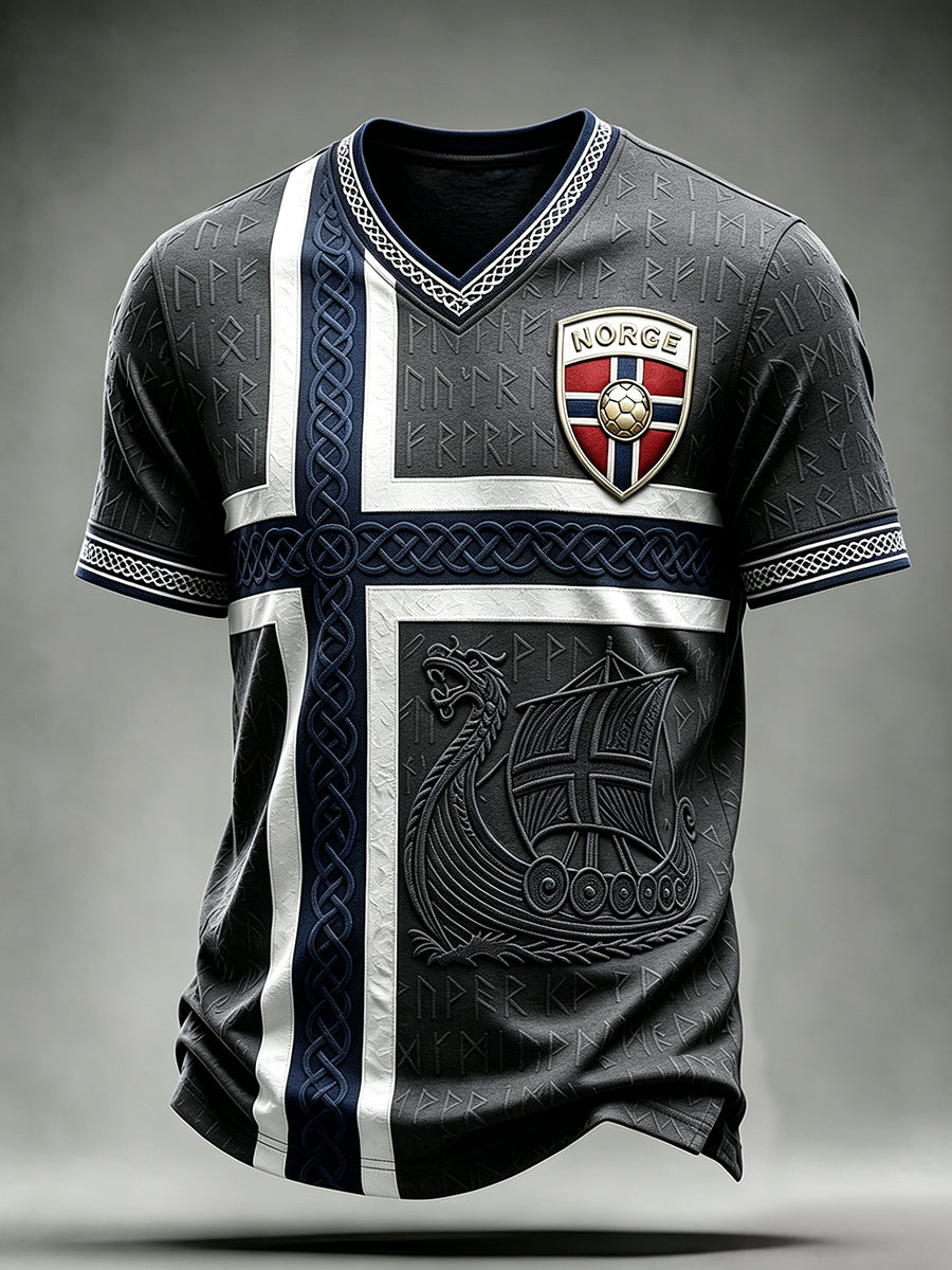 Menns norsk fotball viking-inspirert keltisk print t-skjorte med V-utringning