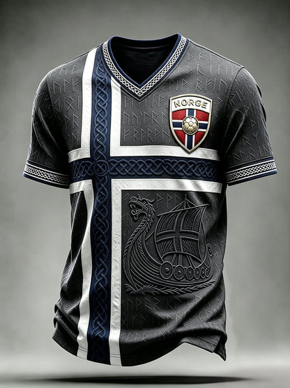 Menns norsk fotball viking-inspirert keltisk print t-skjorte med V-utringning