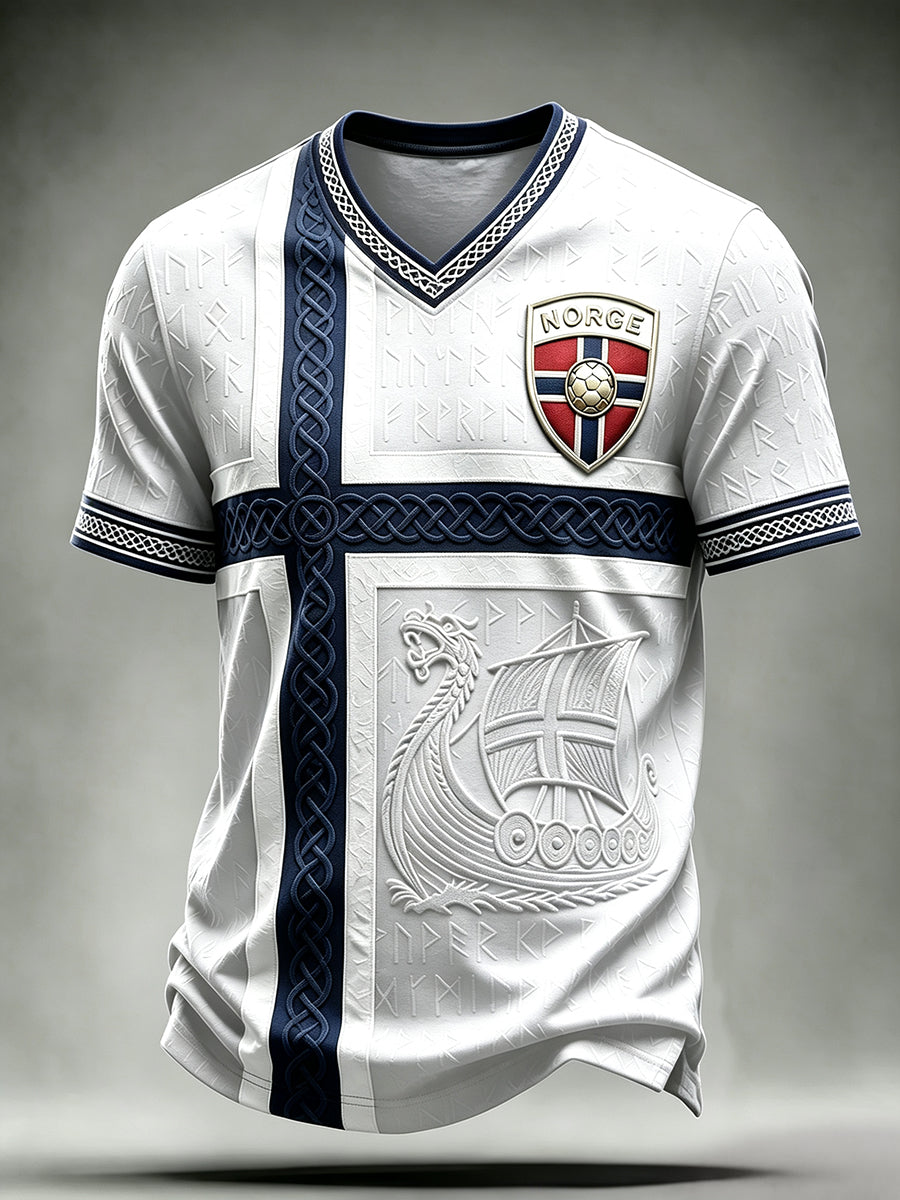 Menns norsk fotball viking-inspirert keltisk print t-skjorte med V-utringning