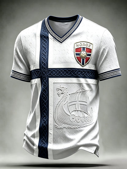 Menns norsk fotball viking-inspirert keltisk print t-skjorte med V-utringning