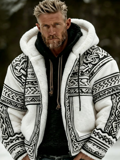 Men's Viking Celtic Art Plush Cozy Warm Zipper Flannel Jacket