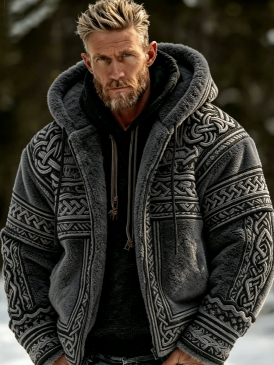 Men's Viking Celtic Art Plush Cozy Warm Zipper Flannel Jacket