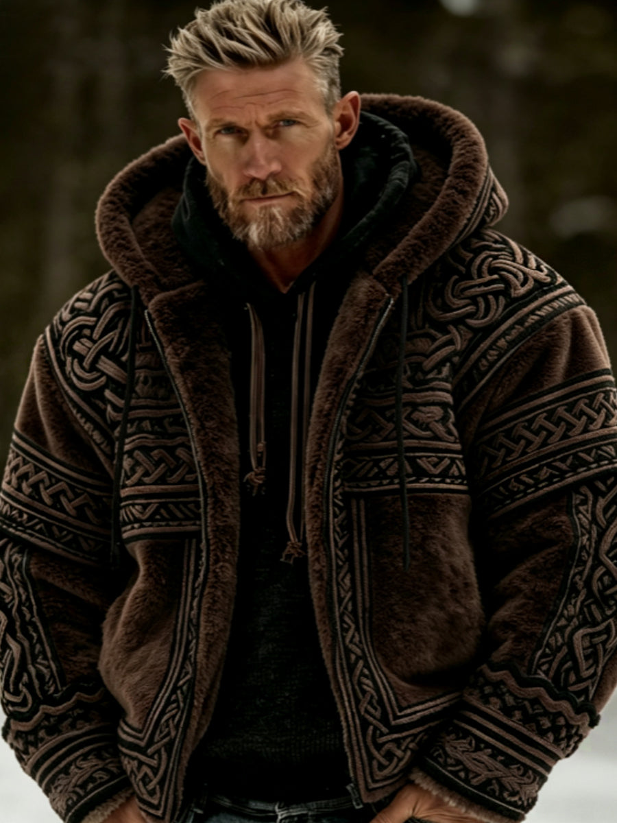 Men's Viking Celtic Art Plush Cozy Warm Zipper Flannel Jacket