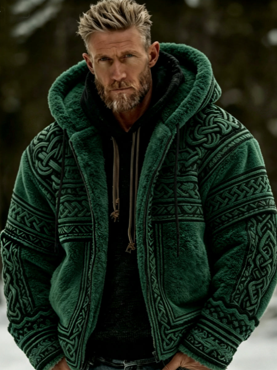 Men's Viking Celtic Art Plush Cozy Warm Zipper Flannel Jacket