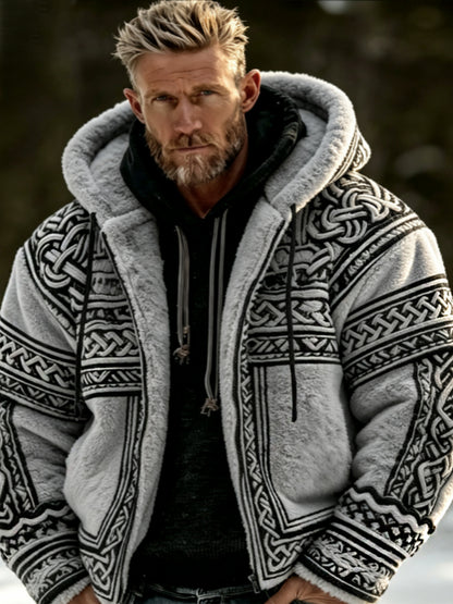 Men's Viking Celtic Art Plush Cozy Warm Zipper Flannel Jacket