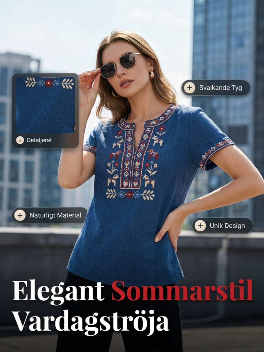 Women's retro Swedish Midsummer floral patchwork runner casual t-shirt