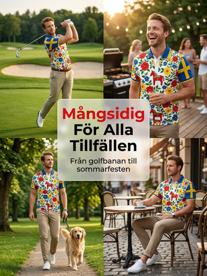 Men's polo shirt with an art print celebrating the Swedish Midsummer festival