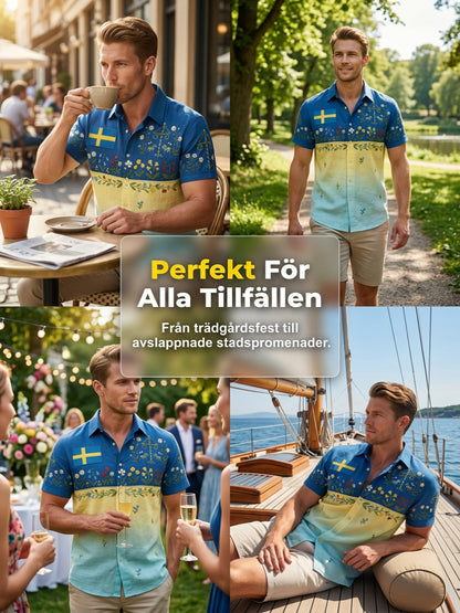 Men's retro Swedish Midsummer folk never floral cotton-linen short-sleeved shirt