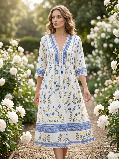 Women's midsummer style V-neck top with an ethnic pattern