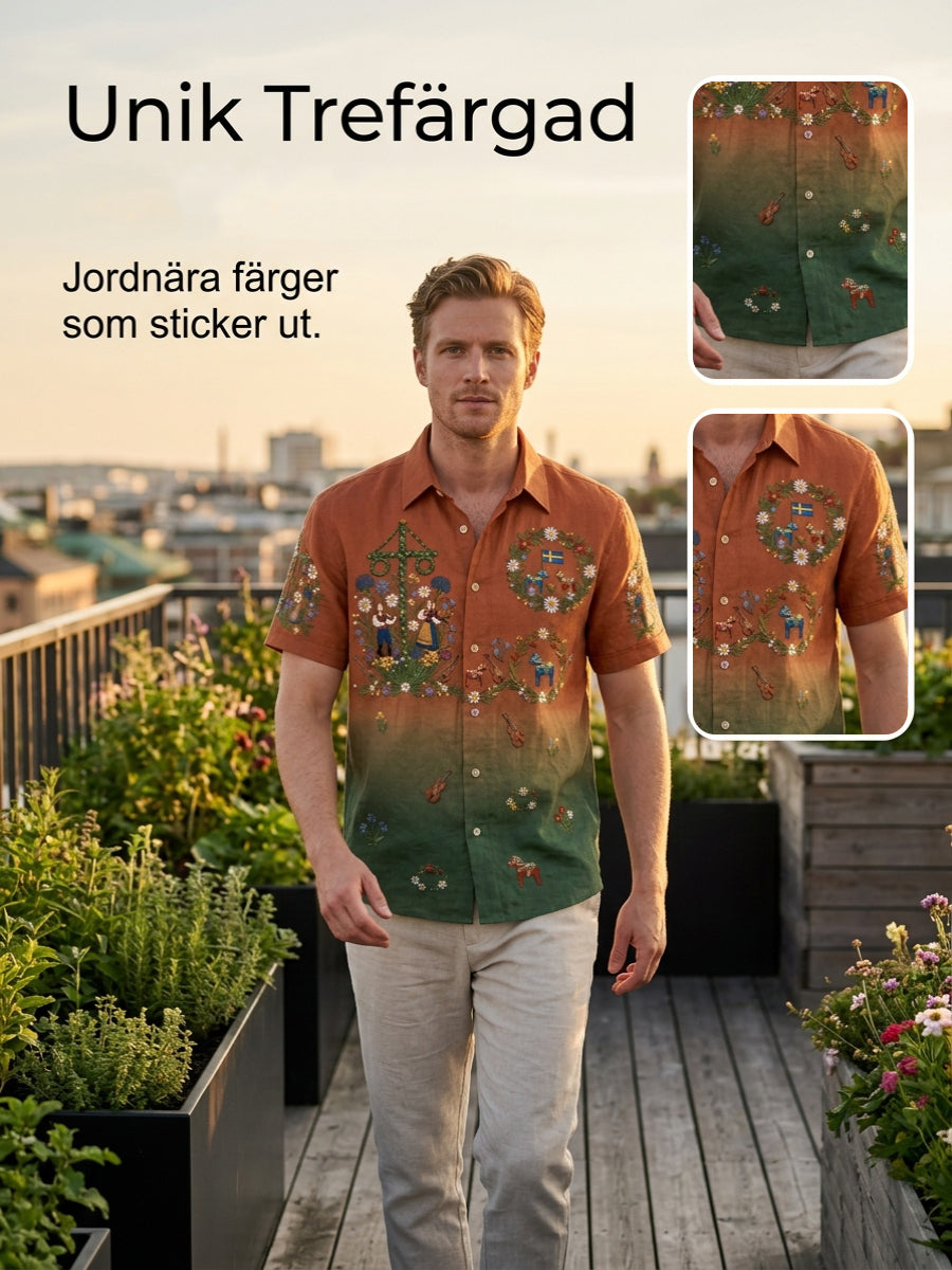 Men's retro-style shirts with Swedish Midsummer and folk costume motifs in cotton-linen, short-sleeved