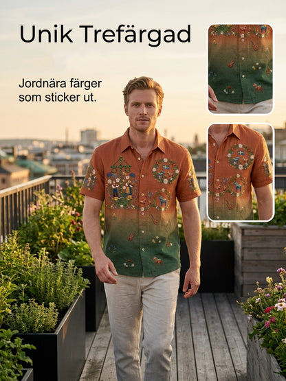 Men's retro-style shirts with Swedish Midsummer and folk costume motifs in cotton-linen, short-sleeved