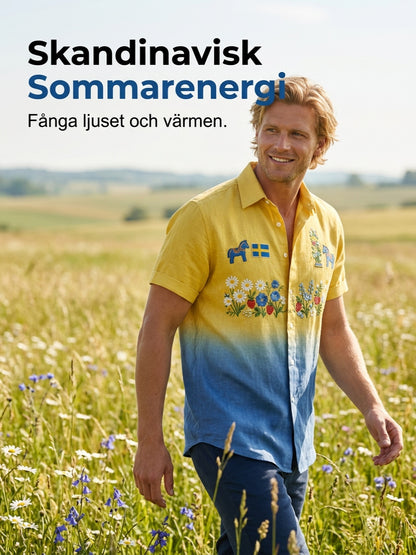 Men's retro Swedish midsummer folk never-fading floral cotton-linen short-sleeved shirt