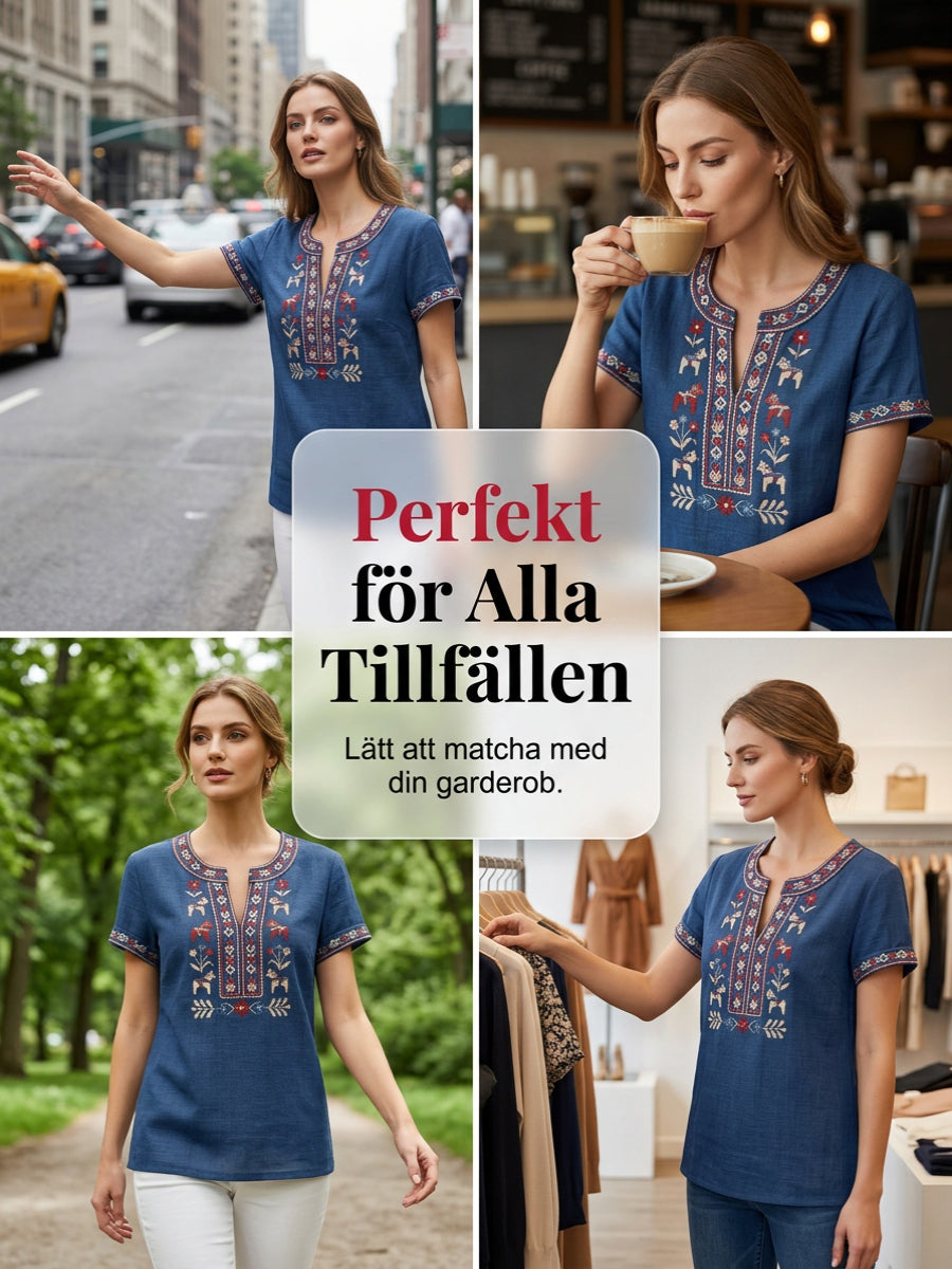 Women's retro Swedish Midsummer floral patchwork runner casual t-shirt