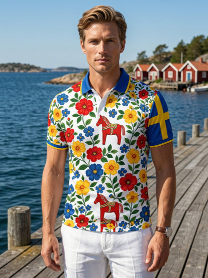Men's polo shirt with an art print celebrating the Swedish Midsummer festival