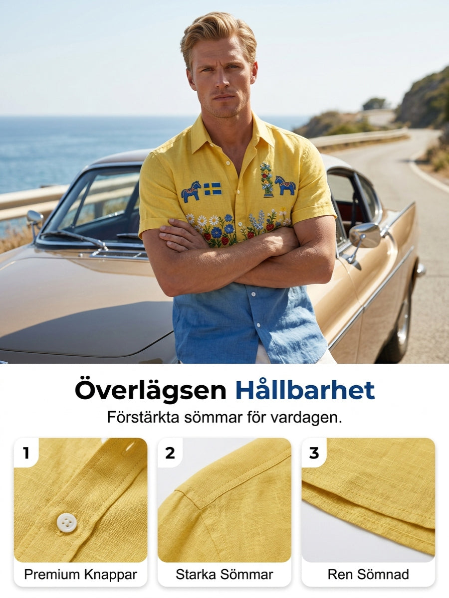 Men's retro Swedish midsummer folk never-fading floral cotton-linen short-sleeved shirt
