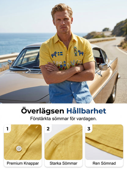 Men's retro Swedish midsummer folk never-fading floral cotton-linen short-sleeved shirt