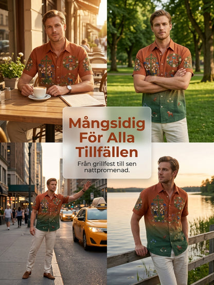 Men's retro-style shirts with Swedish Midsummer and folk costume motifs in cotton-linen, short-sleeved
