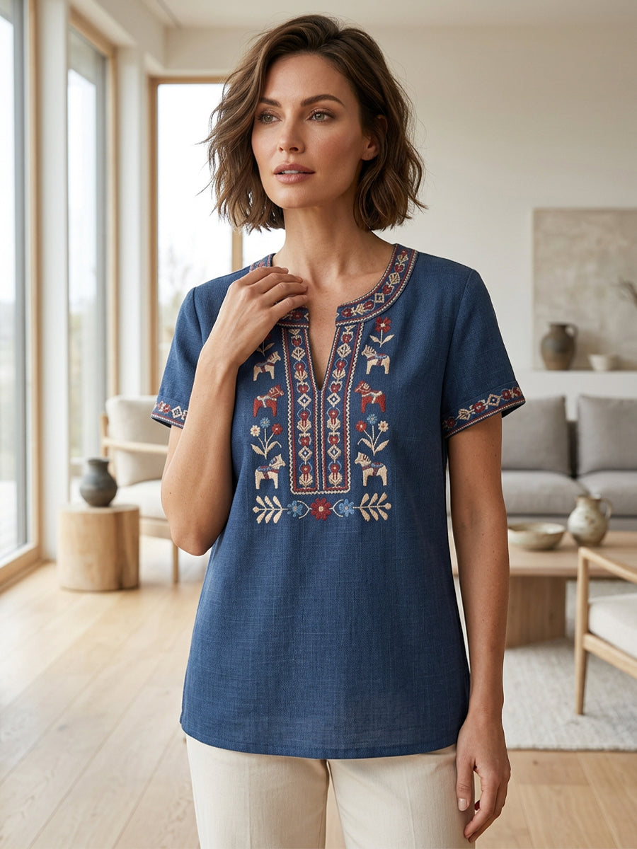 Women's retro Swedish Midsummer floral patchwork runner casual t-shirt