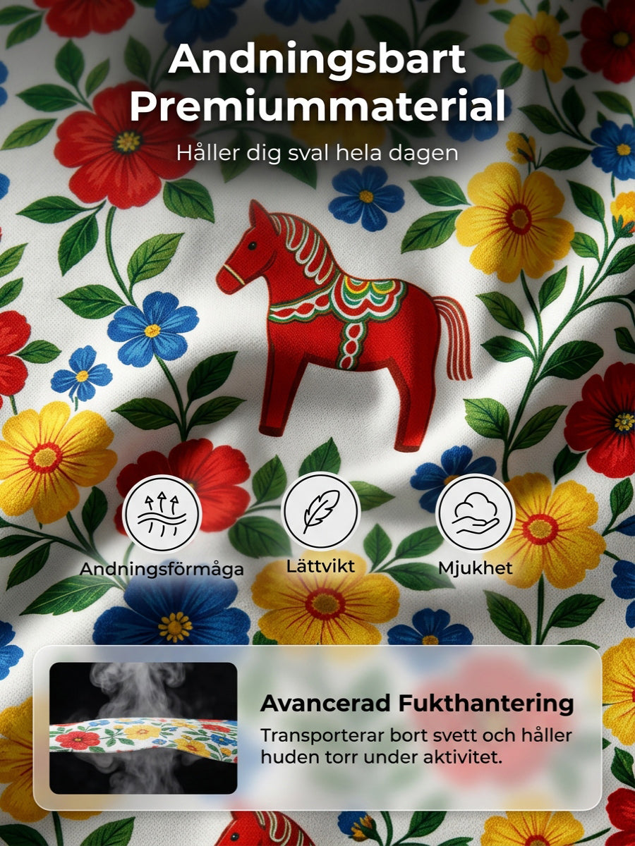 Men's polo shirt with an art print celebrating the Swedish Midsummer festival