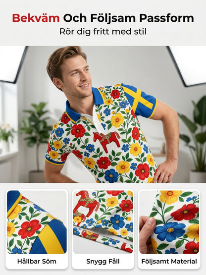 Men's polo shirt with an art print celebrating the Swedish Midsummer festival