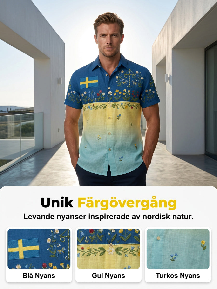 Men's retro Swedish Midsummer folk never floral cotton-linen short-sleeved shirt