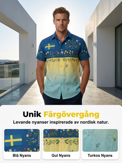 Men's retro Swedish Midsummer folk never floral cotton-linen short-sleeved shirt