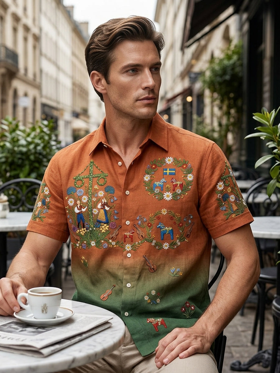 Men's retro-style shirts with Swedish Midsummer and folk costume motifs in cotton-linen, short-sleeved