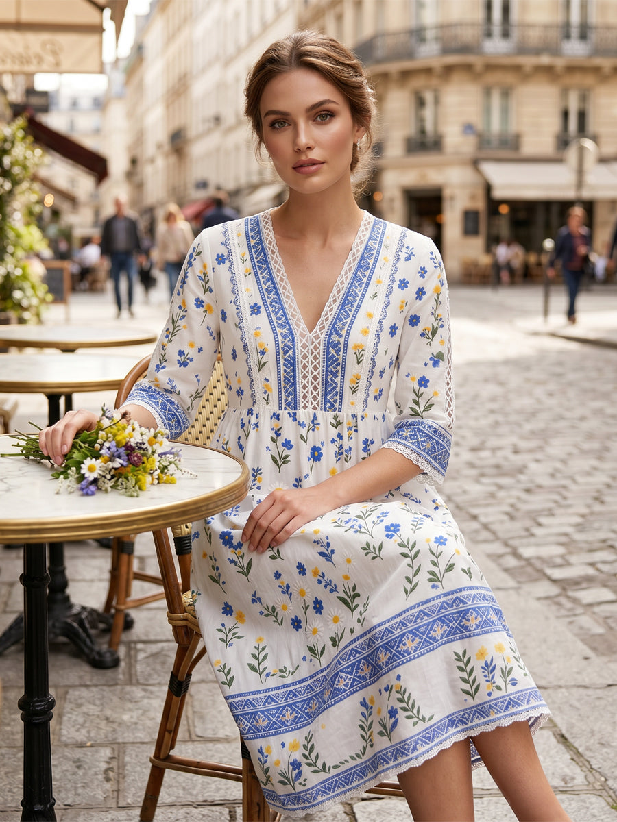 Women's midsummer style V-neck top with an ethnic pattern