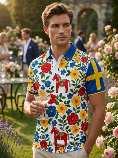 Men's polo shirt with an art print celebrating the Swedish Midsummer festival