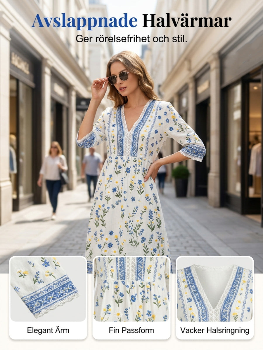 Women's midsummer style V-neck top with an ethnic pattern