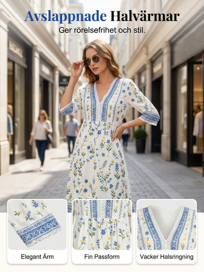 Women's midsummer style V-neck top with an ethnic pattern