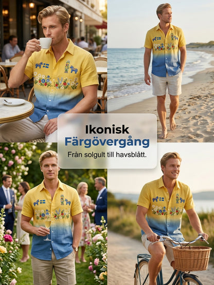 Men's retro Swedish midsummer folk never-fading floral cotton-linen short-sleeved shirt