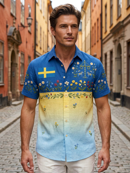 Men's retro Swedish Midsummer folk never floral cotton-linen short-sleeved shirt