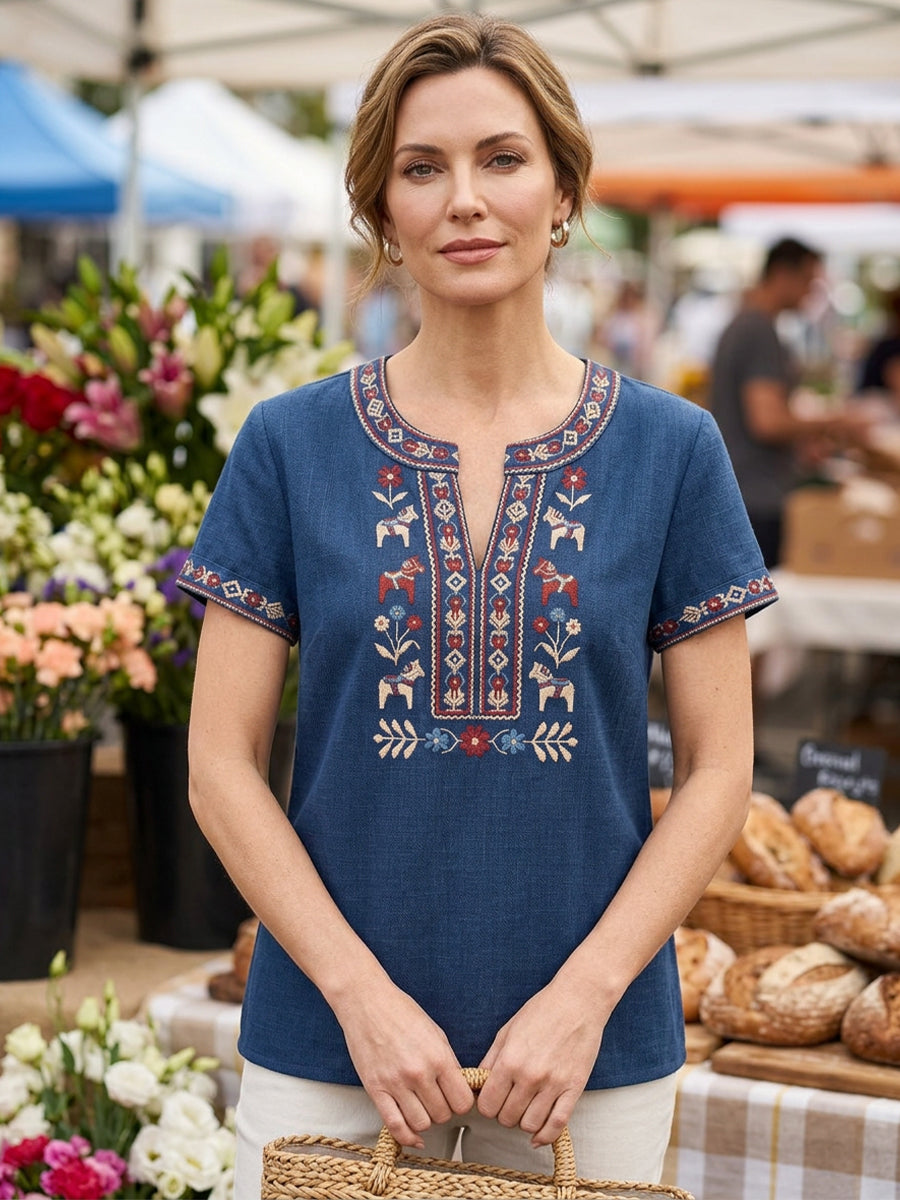 Women's retro Swedish Midsummer floral patchwork runner casual t-shirt