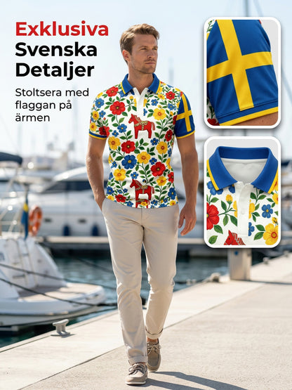 Men's polo shirt with an art print celebrating the Swedish Midsummer festival