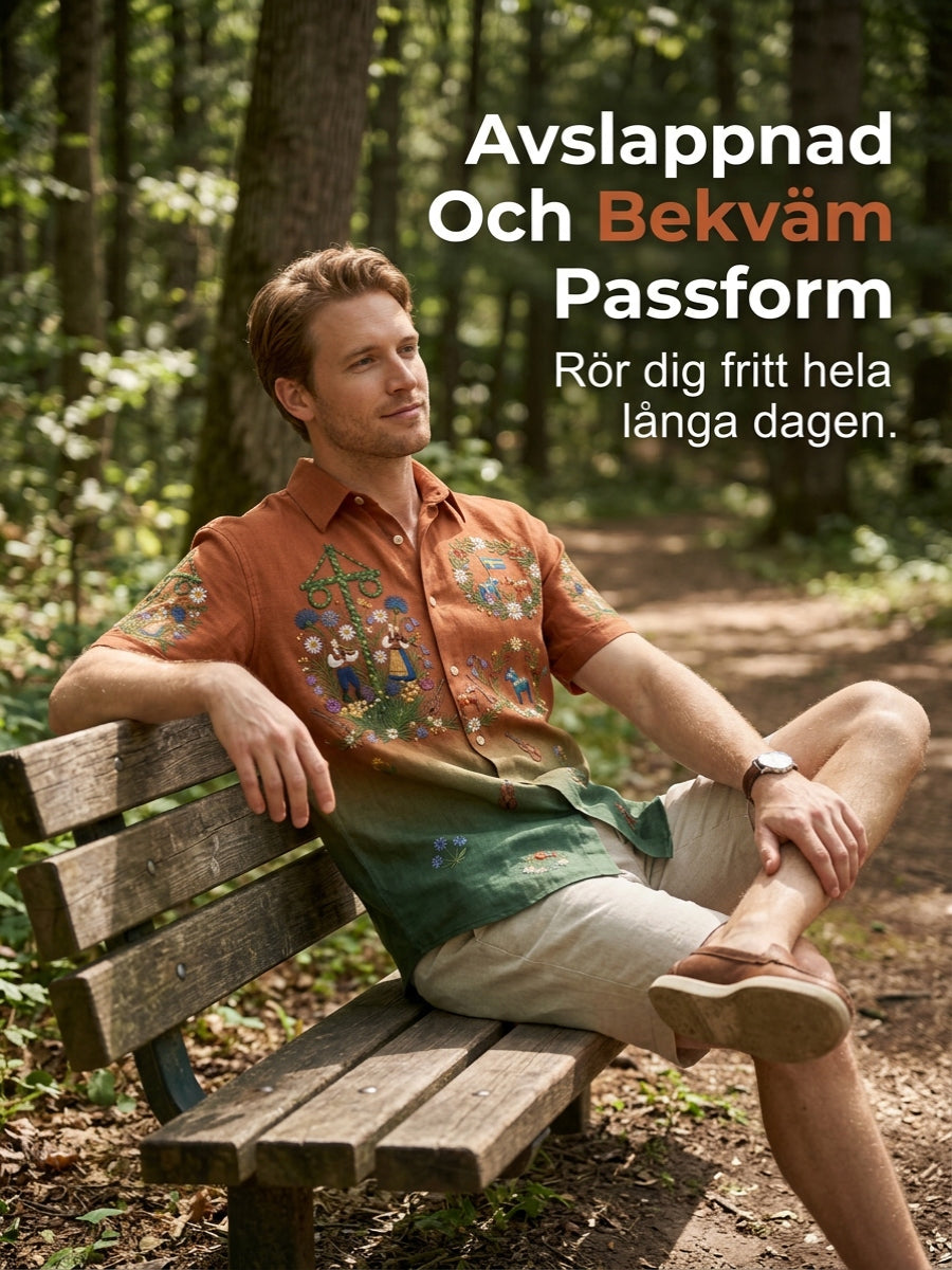 Men's retro-style shirts with Swedish Midsummer and folk costume motifs in cotton-linen, short-sleeved