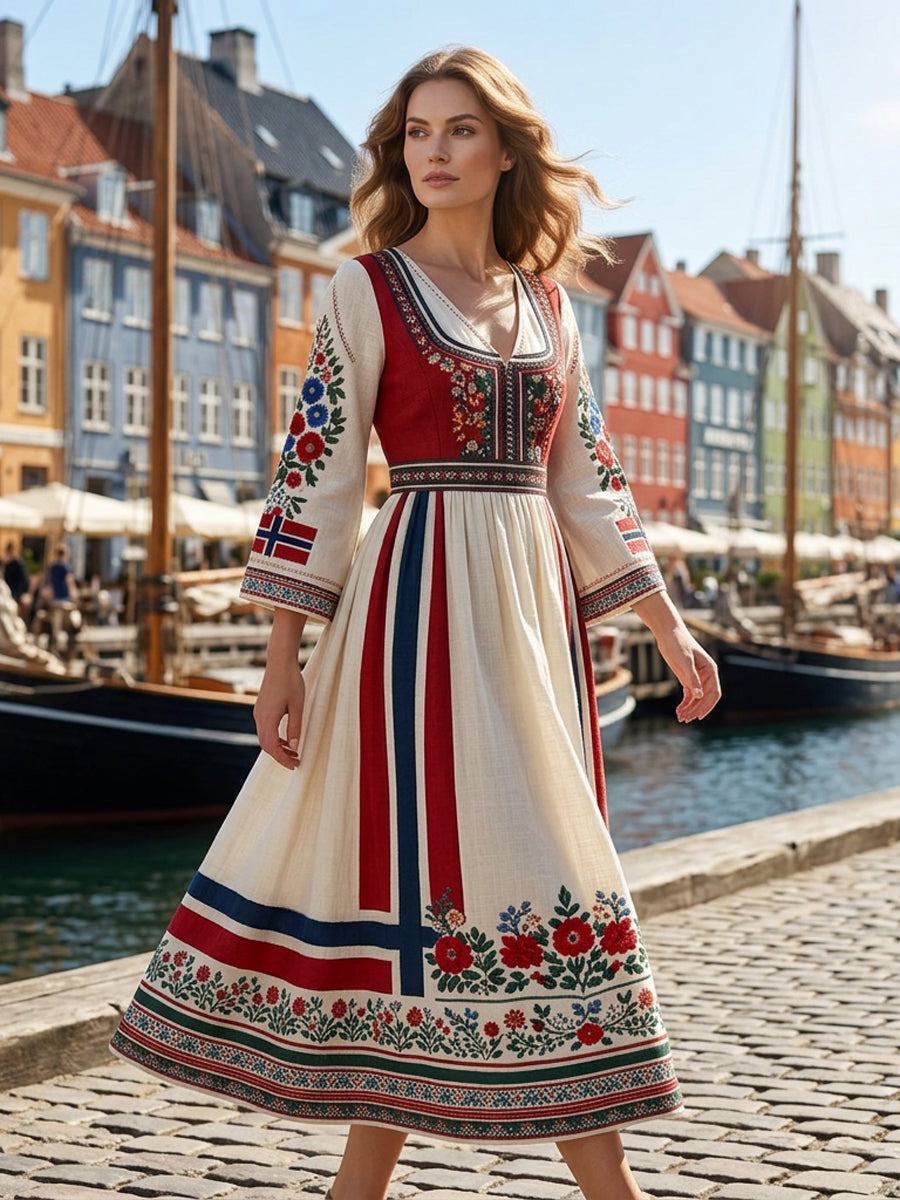 Women's dress in Nordic Scandinavian style with floral painting