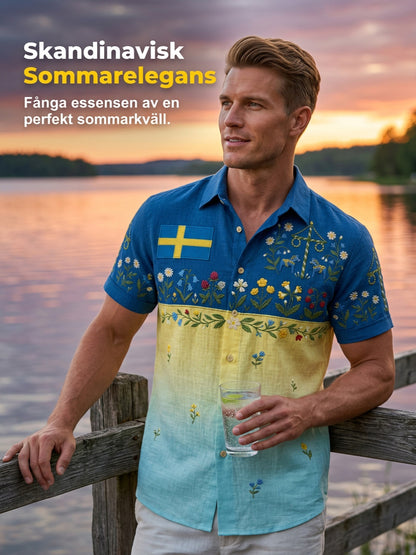 Men's retro Swedish Midsummer folk never floral cotton-linen short-sleeved shirt